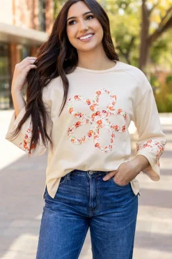 Online Dear-Lover Flower Patch Graphic Exposed Seam Wide Sleeve Top Beige