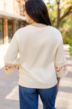 Online Dear-Lover Flower Patch Graphic Exposed Seam Wide Sleeve Top Beige