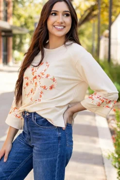 Online Dear-Lover Flower Patch Graphic Exposed Seam Wide Sleeve Top Beige