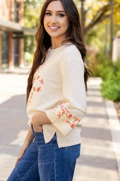 Online Dear-Lover Flower Patch Graphic Exposed Seam Wide Sleeve Top Beige