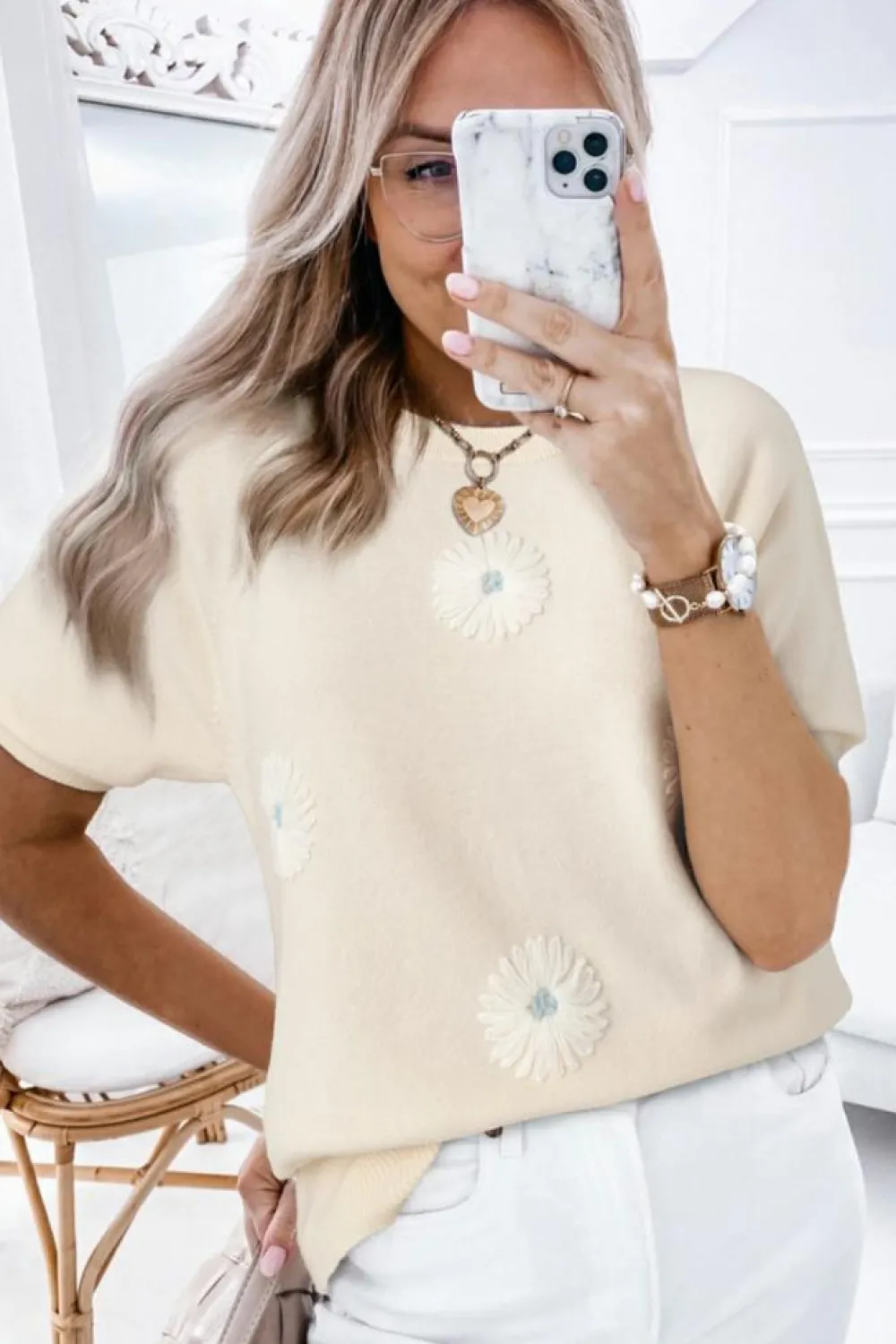 Hot Dear-Lover Flower Pattern Short Sleeve Knitted Top Beige