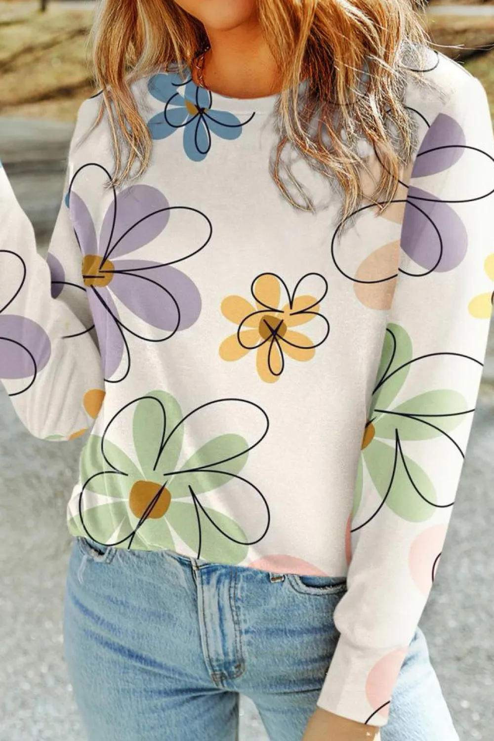 Clearance Dear-Lover Flower Print Crew Neck Long Sleeve T Shirt Beige