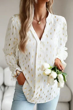 Discount Dear-Lover Foil Crescent Print Notched Neck Flounce Sleeve Blouse Beige