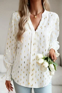 Discount Dear-Lover Foil Crescent Print Notched Neck Flounce Sleeve Blouse Beige