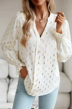 Discount Dear-Lover Foil Crescent Print Notched Neck Flounce Sleeve Blouse Beige