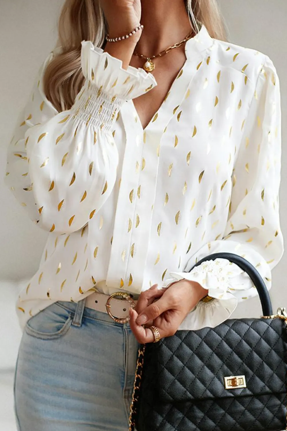 Discount Dear-Lover Foil Crescent Print Notched Neck Flounce Sleeve Blouse Beige