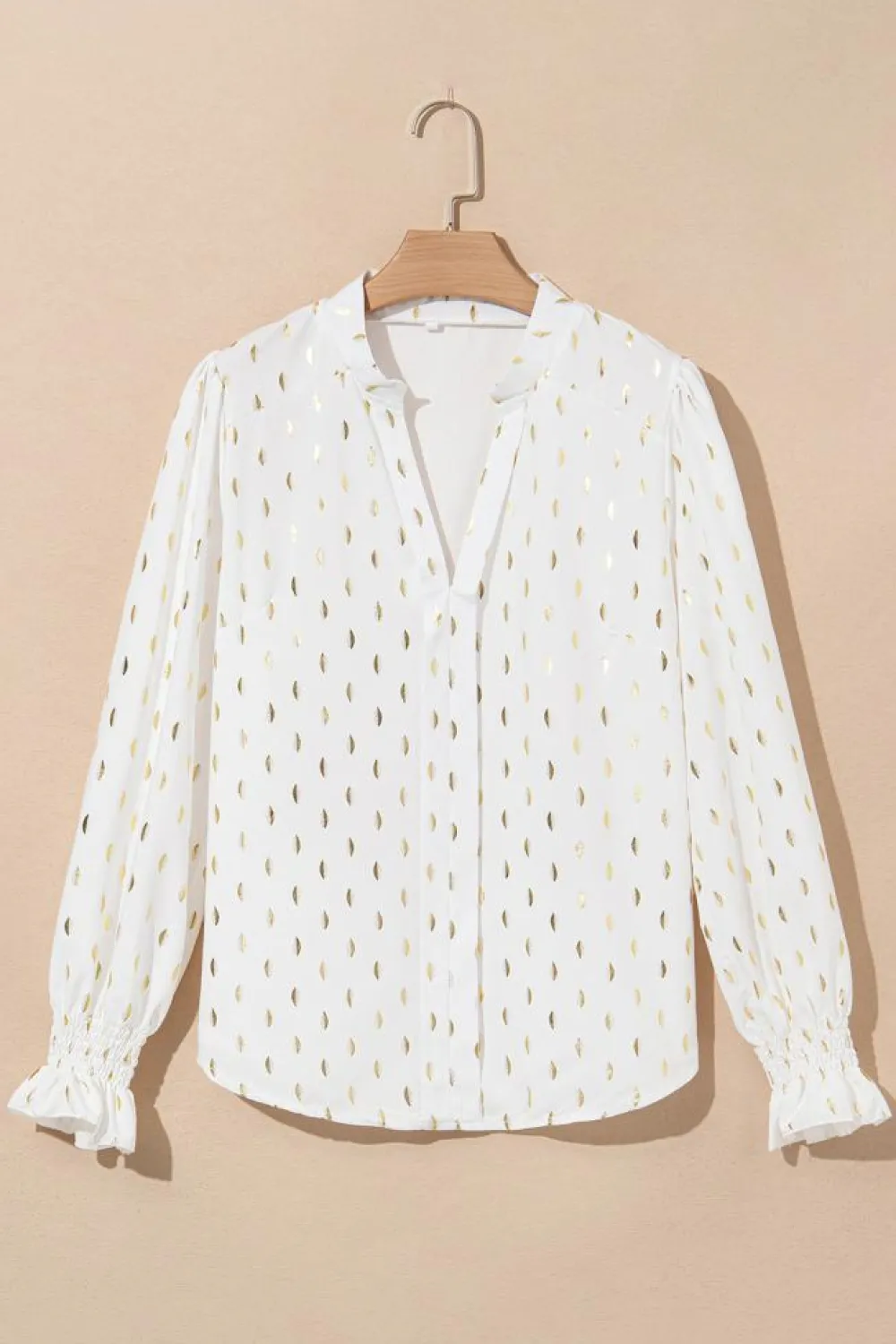 Discount Dear-Lover Foil Crescent Print Notched Neck Flounce Sleeve Blouse Beige