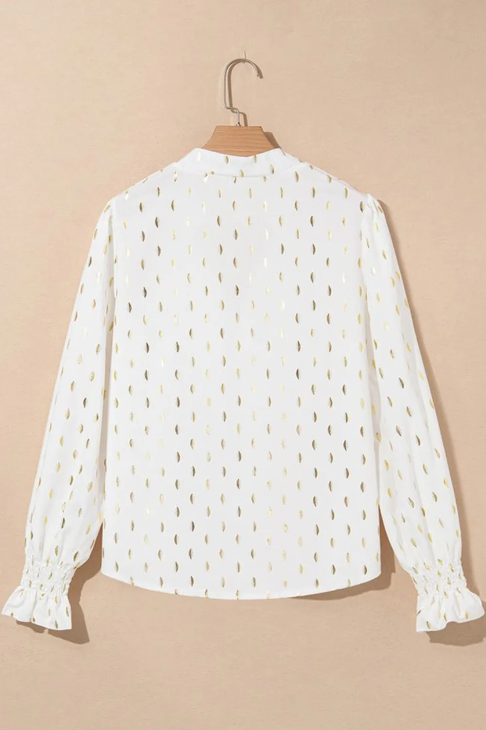 Discount Dear-Lover Foil Crescent Print Notched Neck Flounce Sleeve Blouse Beige