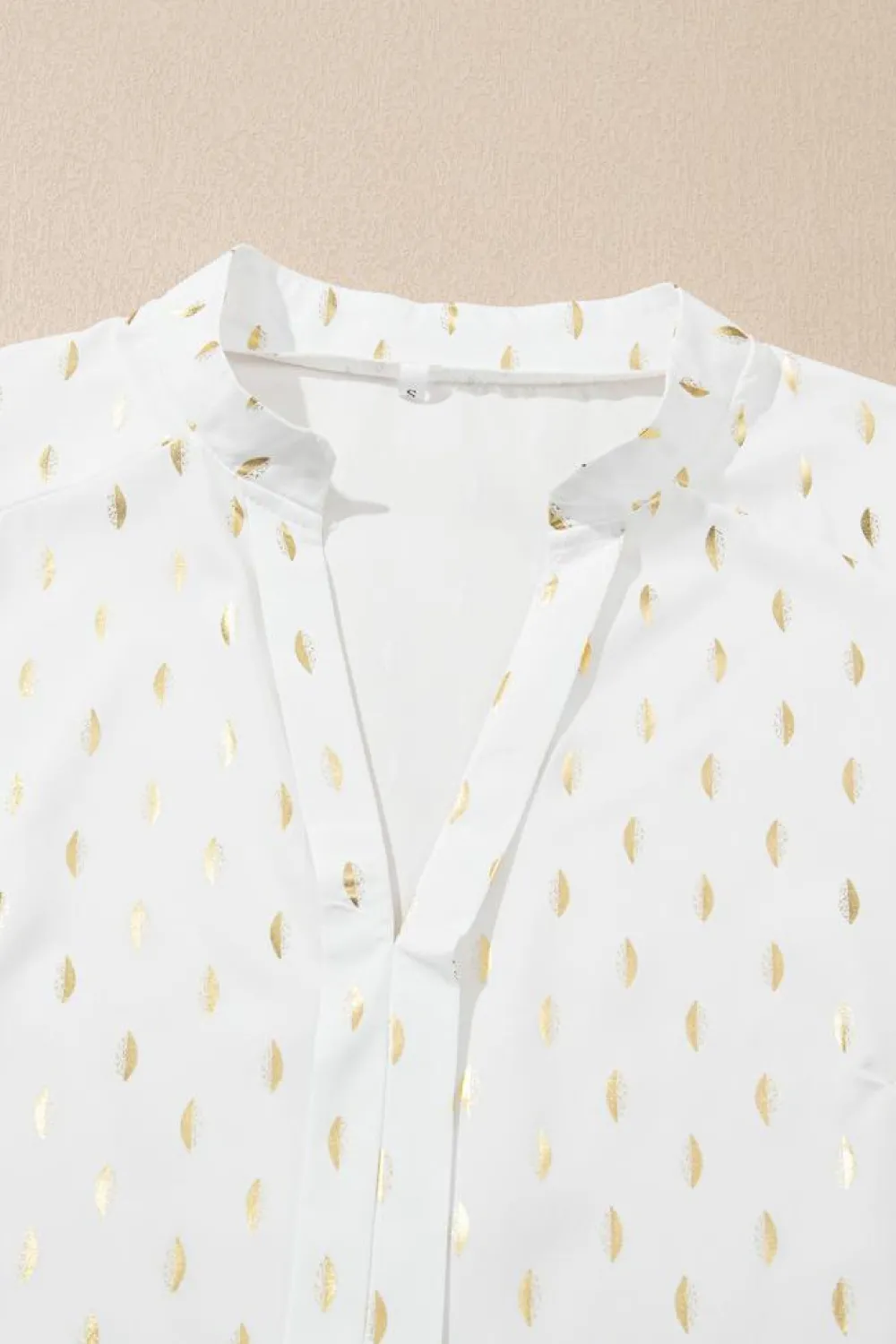Discount Dear-Lover Foil Crescent Print Notched Neck Flounce Sleeve Blouse Beige