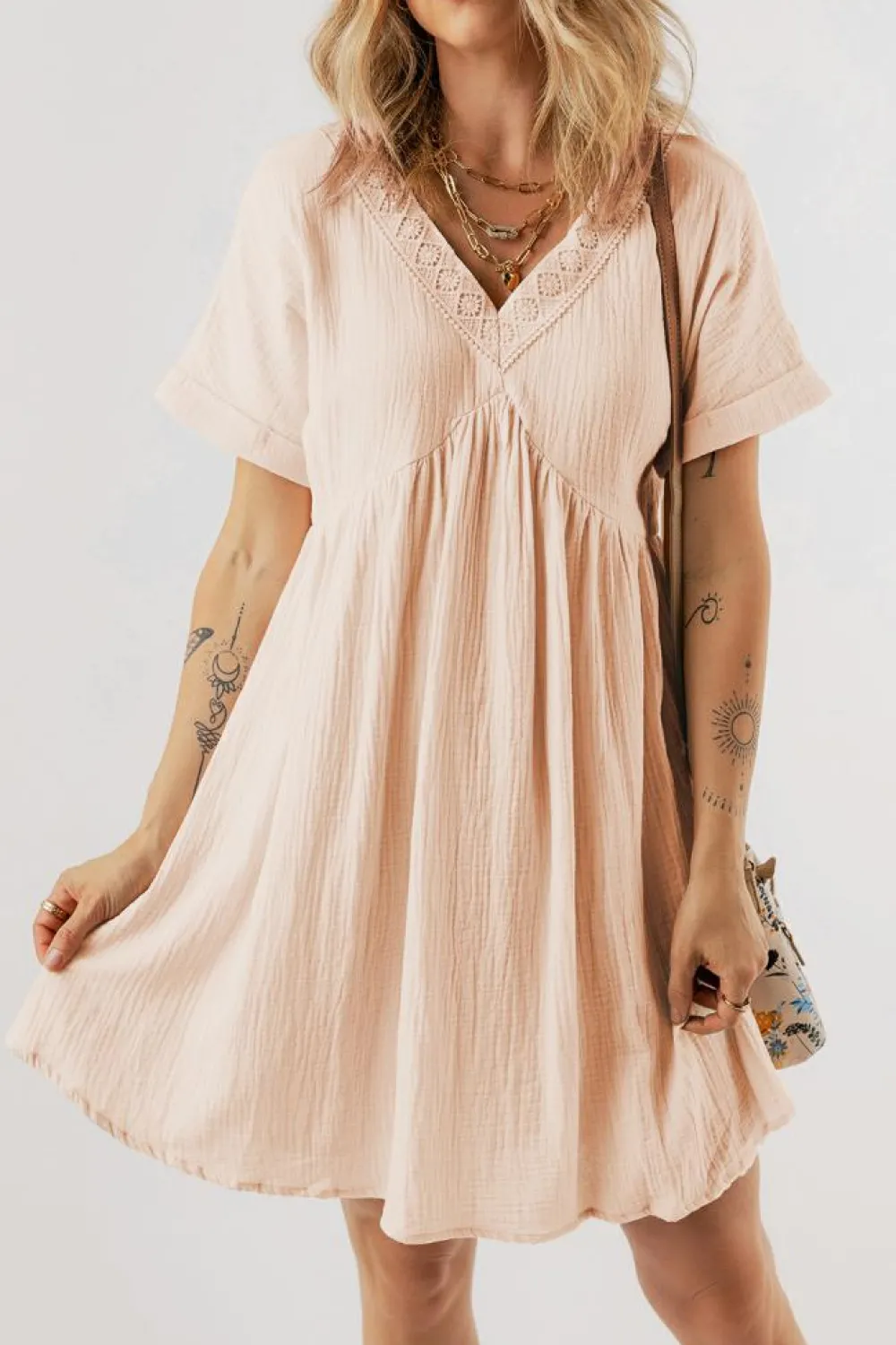 Discount Dear-Lover Folded Short Sleeve Lace V Neck Mini Dress Beige