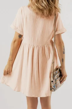 Discount Dear-Lover Folded Short Sleeve Lace V Neck Mini Dress Beige
