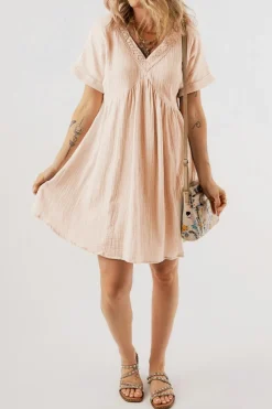 Discount Dear-Lover Folded Short Sleeve Lace V Neck Mini Dress Beige