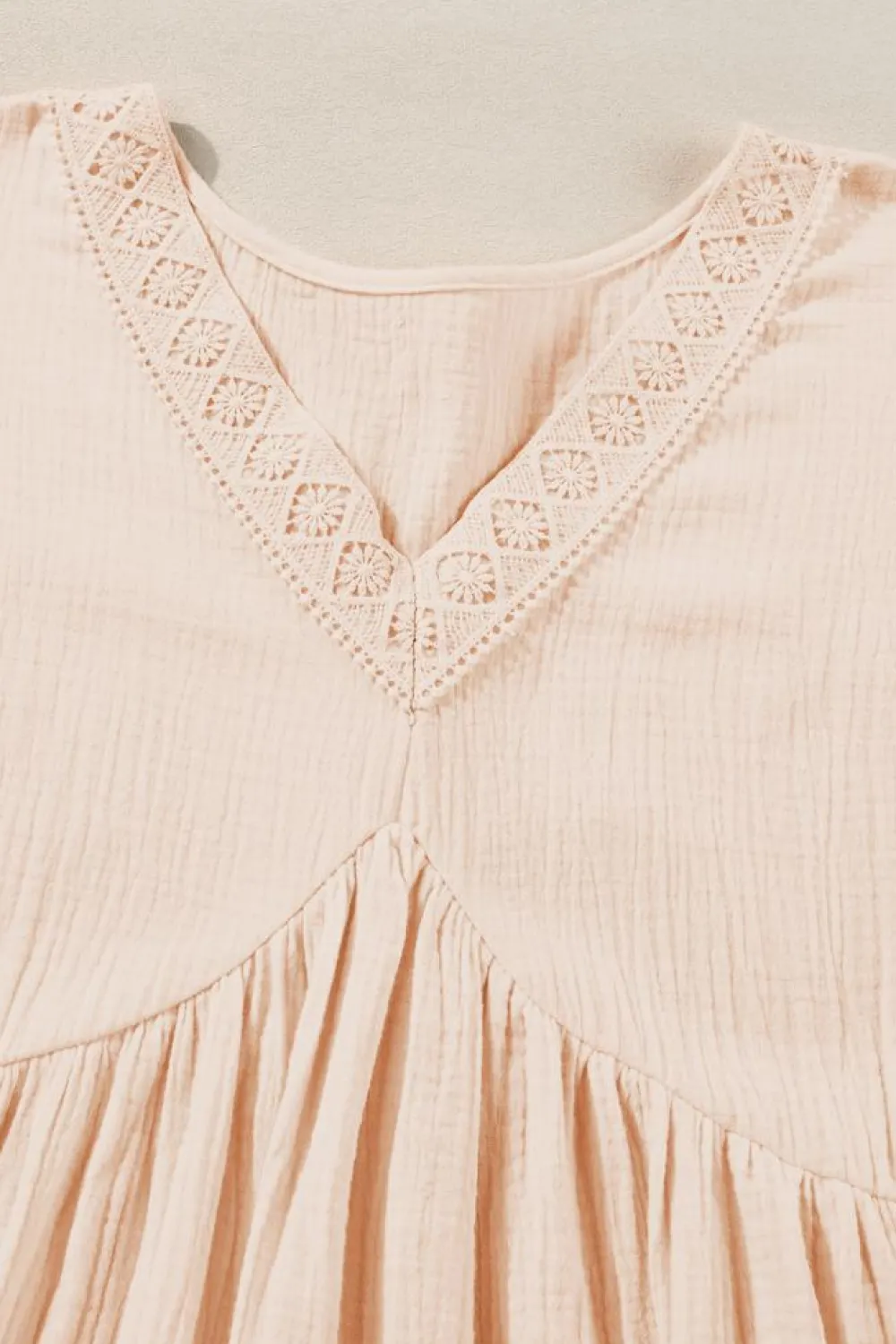 Discount Dear-Lover Folded Short Sleeve Lace V Neck Mini Dress Beige