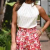 Sale Dear-Lover Frenchy Lace Trim Textured Halter Tank Top Beige