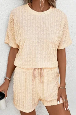 Sale Dear-Lover Frill Textured Short Sleeve Top and Drawstring Shorts Set Beige
