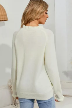 Fashion Dear-Lover Frill Trim Buttoned Knit Pullover Sweater Beige