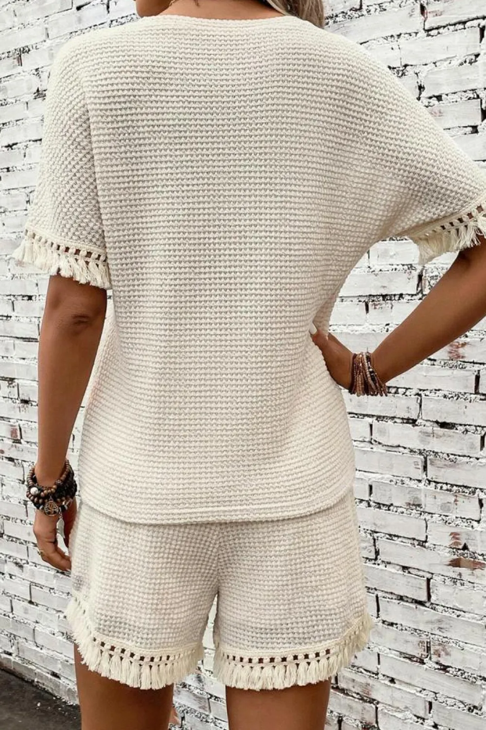 Online Dear-Lover Fringe Trim Textured Short Two Piece Set Beige