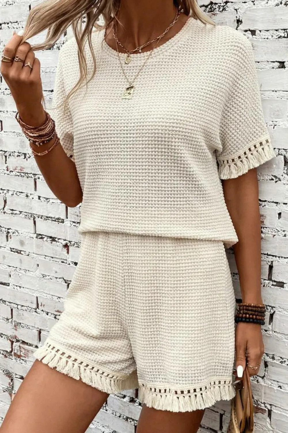Online Dear-Lover Fringe Trim Textured Short Two Piece Set Beige