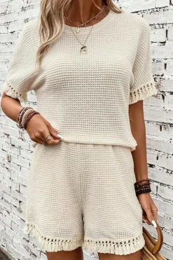 Online Dear-Lover Fringe Trim Textured Short Two Piece Set Beige