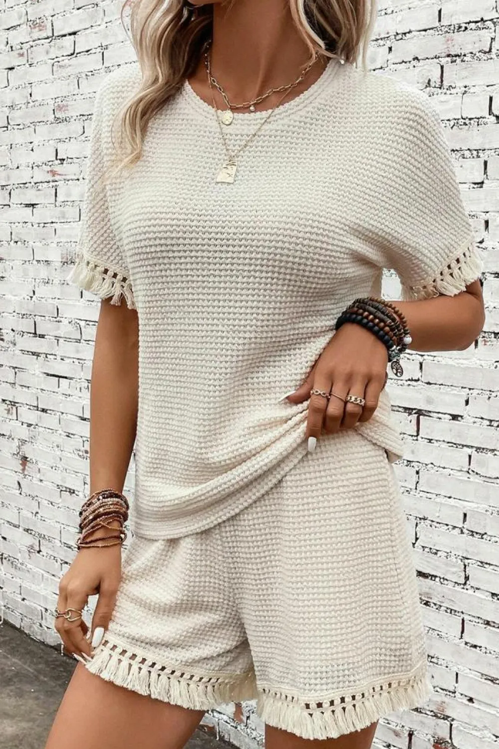 Online Dear-Lover Fringe Trim Textured Short Two Piece Set Beige