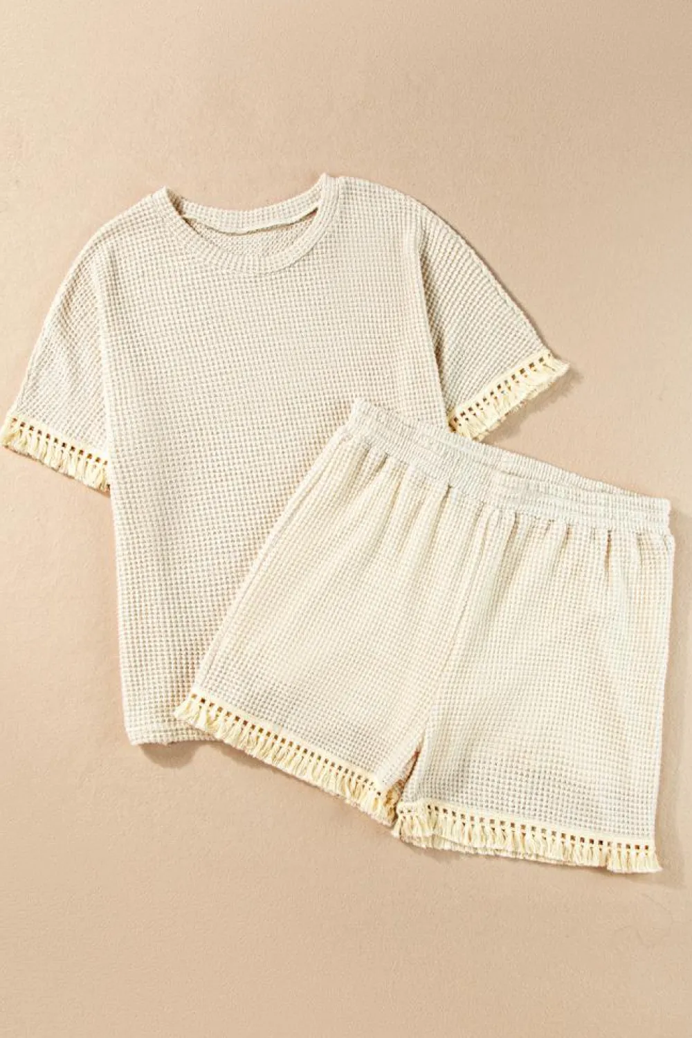 Online Dear-Lover Fringe Trim Textured Short Two Piece Set Beige