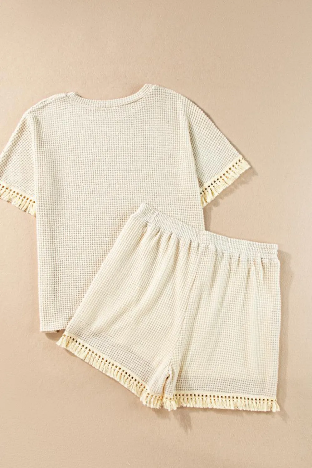 Online Dear-Lover Fringe Trim Textured Short Two Piece Set Beige