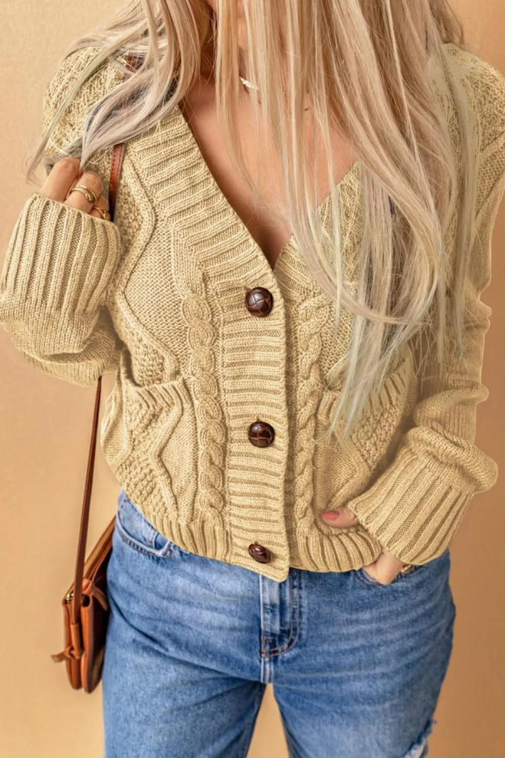 Sale Dear-Lover Front Pockets Buttons Textured Cardigan Beige