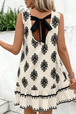 Discount Dear-Lover Geometric Printed Sleeveless Hollowed Bowknot Back Mini Dress Beige