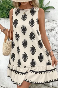 Discount Dear-Lover Geometric Printed Sleeveless Hollowed Bowknot Back Mini Dress Beige