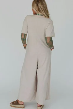 Discount Dear-Lover Beige Half Placket Chest Pockets Short Sleeve Wide Leg Jumpsuit Jet Stream