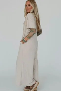 Discount Dear-Lover Beige Half Placket Chest Pockets Short Sleeve Wide Leg Jumpsuit Jet Stream