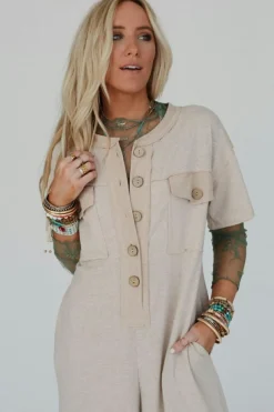 Discount Dear-Lover Beige Half Placket Chest Pockets Short Sleeve Wide Leg Jumpsuit Jet Stream