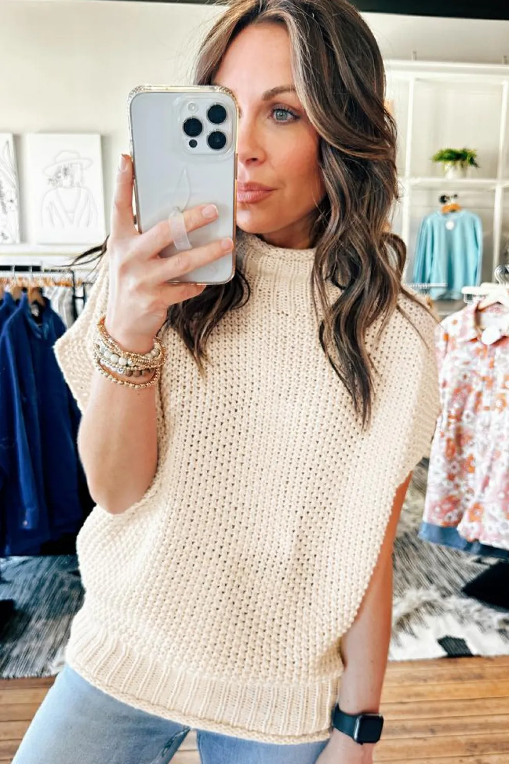 Fashion Dear-Lover High Neck Bat Short Sleeve Sweater Beige