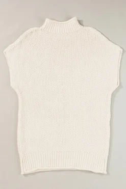 Fashion Dear-Lover High Neck Bat Short Sleeve Sweater Beige