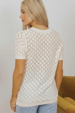 Online Dear-Lover Hollow Out Crochet O Neck Short Sleeve Sweater Tee Beige