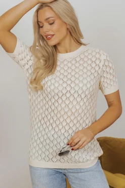 Online Dear-Lover Hollow Out Crochet O Neck Short Sleeve Sweater Tee Beige