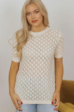Online Dear-Lover Hollow Out Crochet O Neck Short Sleeve Sweater Tee Beige