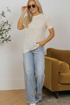 Online Dear-Lover Hollow Out Crochet O Neck Short Sleeve Sweater Tee Beige