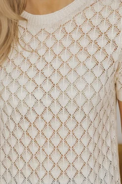 Online Dear-Lover Hollow Out Crochet O Neck Short Sleeve Sweater Tee Beige
