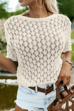 Online Dear-Lover Hollow Out Crochet O Neck Short Sleeve Sweater Tee Beige