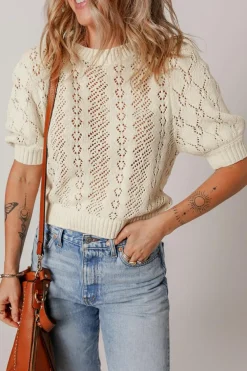 Sale Dear-Lover Hollowed Pattern Knit Short Puff Sleeve Sweater Beige