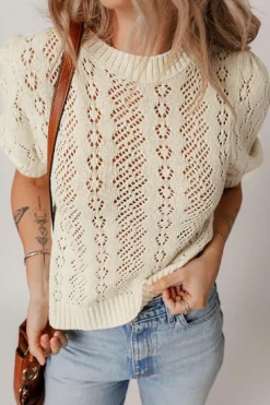 Sale Dear-Lover Hollowed Pattern Knit Short Puff Sleeve Sweater Beige