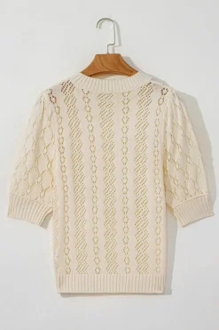 Sale Dear-Lover Hollowed Pattern Knit Short Puff Sleeve Sweater Beige