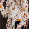 Sale Dear-Lover howdy Western Patterns Button up Loose Shirt Beige