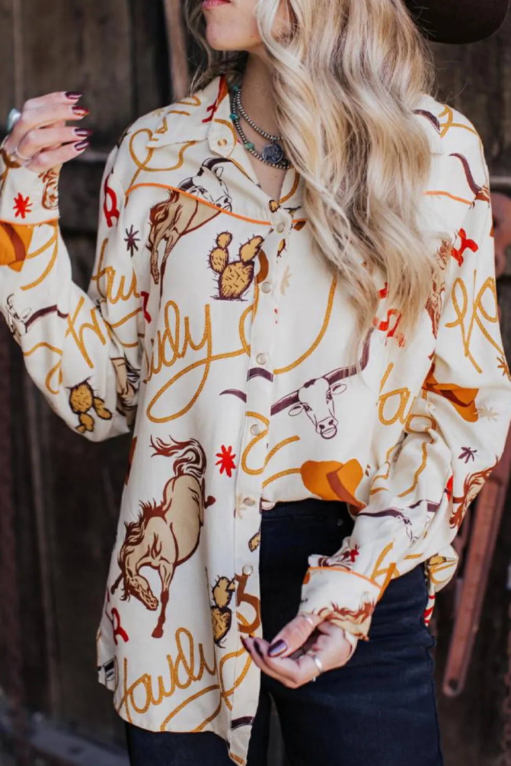 Sale Dear-Lover howdy Western Patterns Button up Loose Shirt Beige