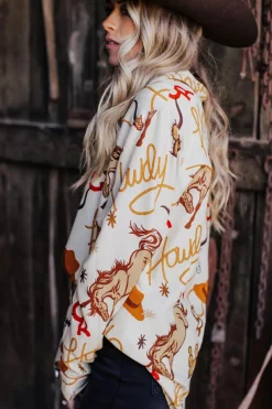 Sale Dear-Lover howdy Western Patterns Button up Loose Shirt Beige