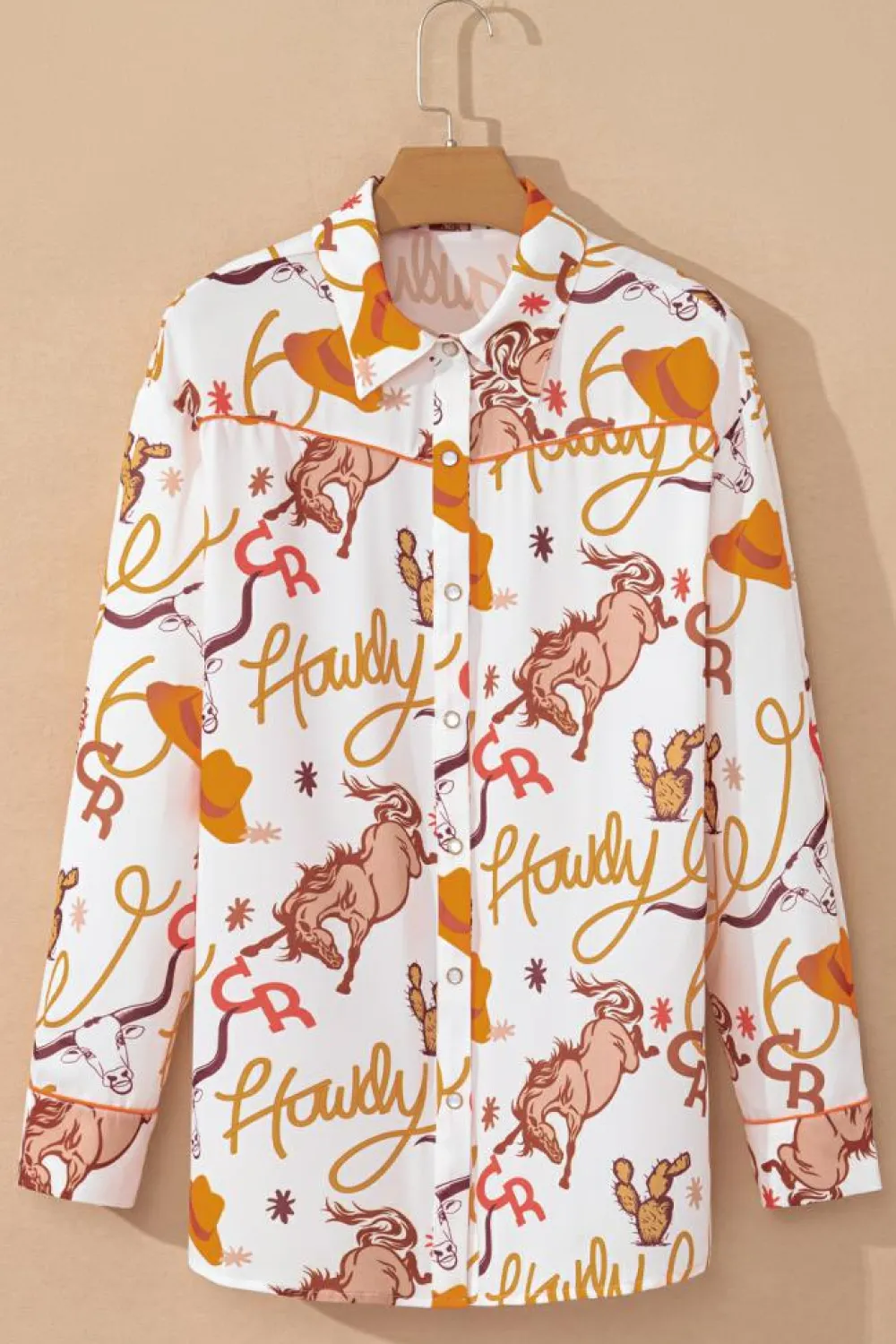 Sale Dear-Lover howdy Western Patterns Button up Loose Shirt Beige