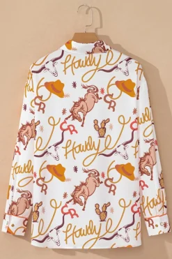 Sale Dear-Lover howdy Western Patterns Button up Loose Shirt Beige
