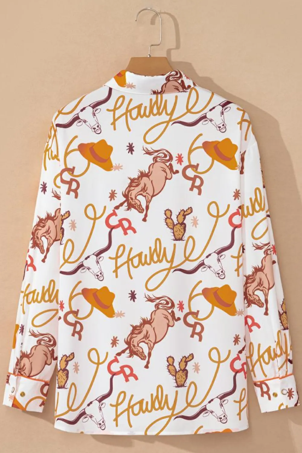 Sale Dear-Lover howdy Western Patterns Button up Loose Shirt Beige