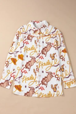 Sale Dear-Lover howdy Western Patterns Button up Loose Shirt Beige